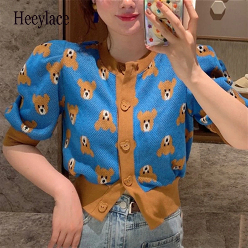 

Bear Knitted Women Cardigan Tops Summer 2021 Puff Sleeve O-neck Single Breasted Crop Tops Korean Vintage Ladies Jumpers