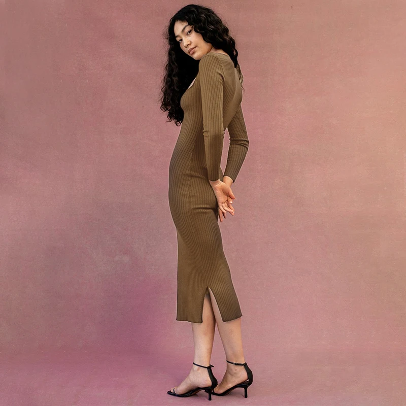 

Long Sleeve Ankle-Length Dress For Woman Square Collar Knit Long Dress Women Sexy Elegant Causal Solid Maxi Dresses
