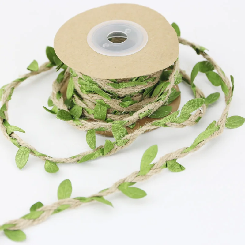 (5 meters/lot) 5mm Leaf hemp rope braided with green leaves lace home decoration rope handmade garland ribbon