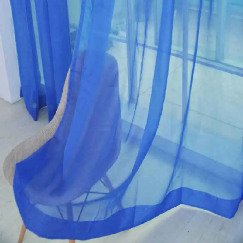 Однотонная Тюлевая занавеска Современная Синяя Прозрачная на окна из вуали для