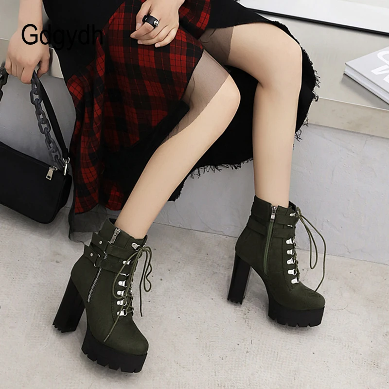 Gdgydh Belt Buckle Ankle Boots High Platform Heels Shoes Cross Tied Office Lady Autumn Boots Street Style Fashion Zip Plus Size