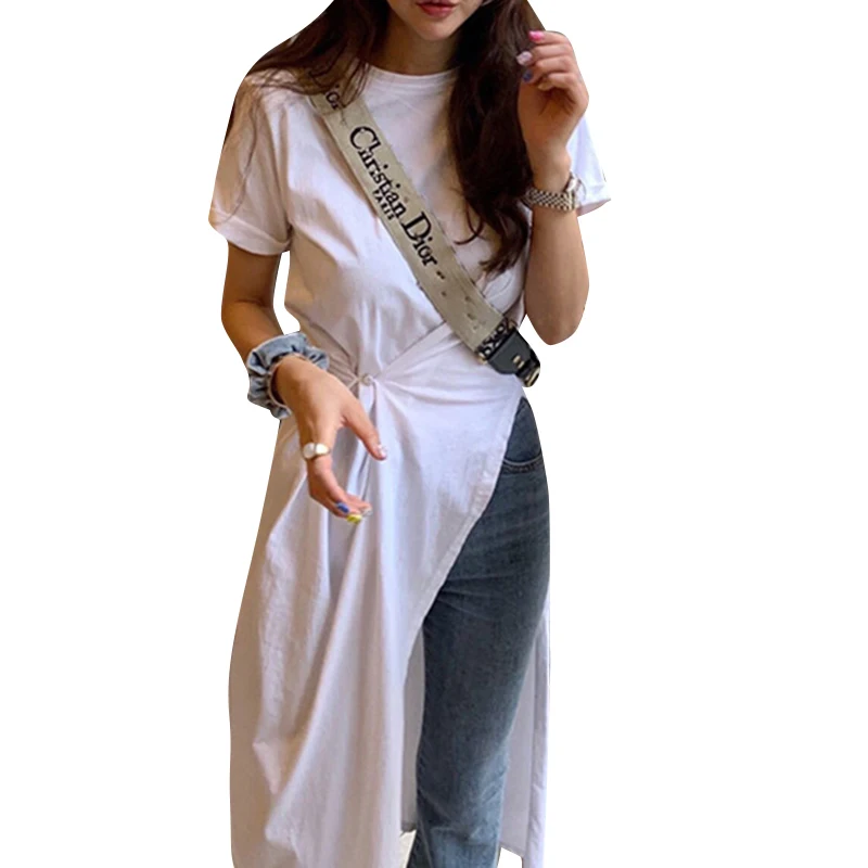 

VGH Casual Asymmetrical Women T-shirt O Neck Short Sleeve High Waist Split Irregular T Shirt For Female Fashion Clothes 2021 New