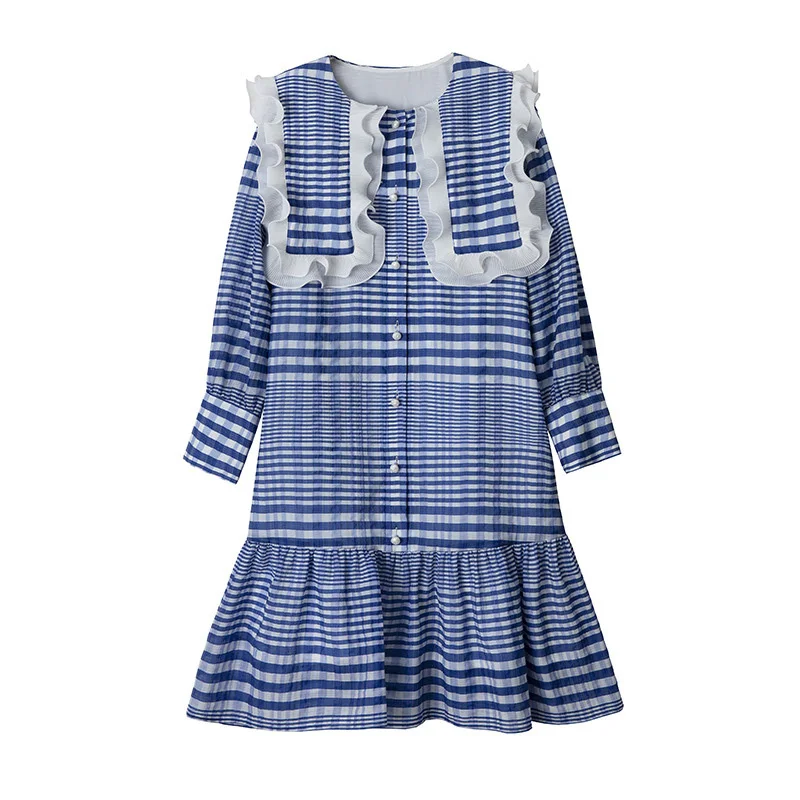 

LANMREM Women's Ruffled Navy Blue Stripe Dress New Sailor Collar Long Sleeve Loose Fit Fashion Trend Spring Autumn 2021 2E1153