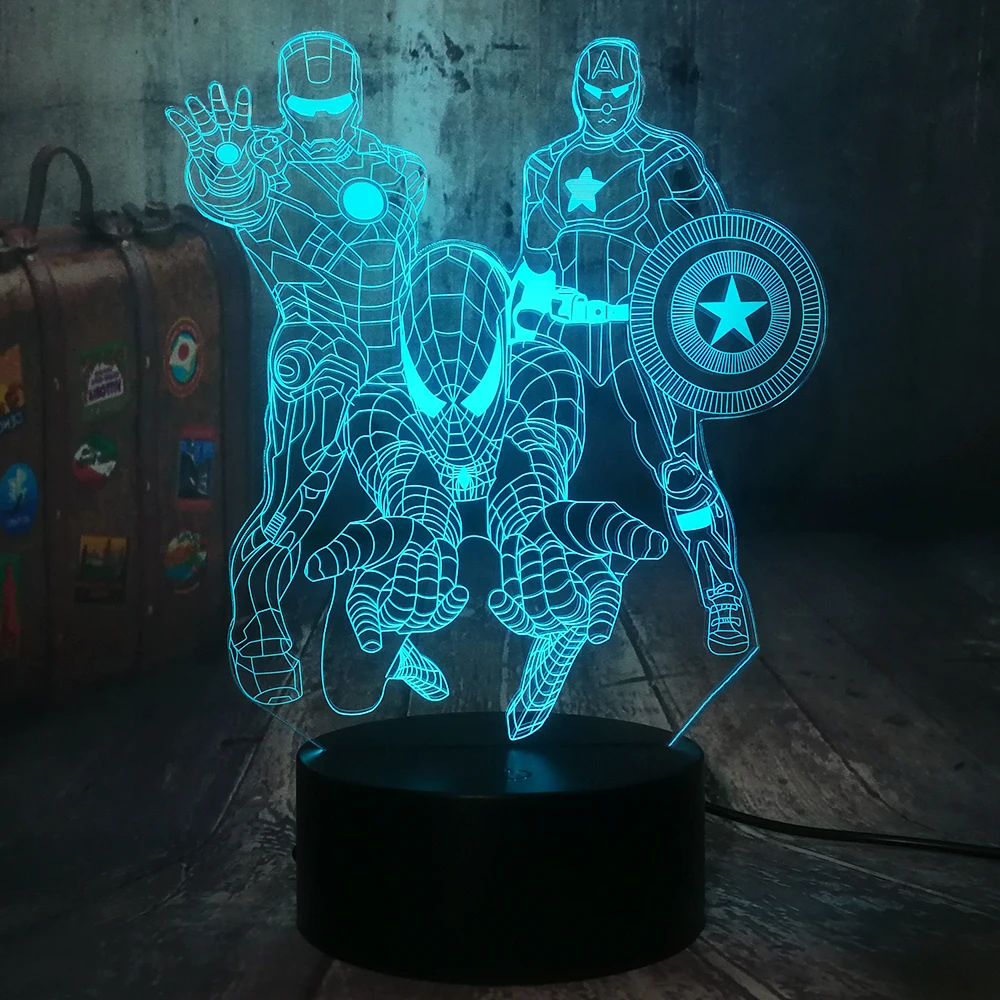 С рисунком «мстители» от Marvel Comics Железный человек Человек-паук Капитан Америка 3D светодиодный ночной Светильник детские игрушки Рождественский подарок настольная лампа Украшения в спальню