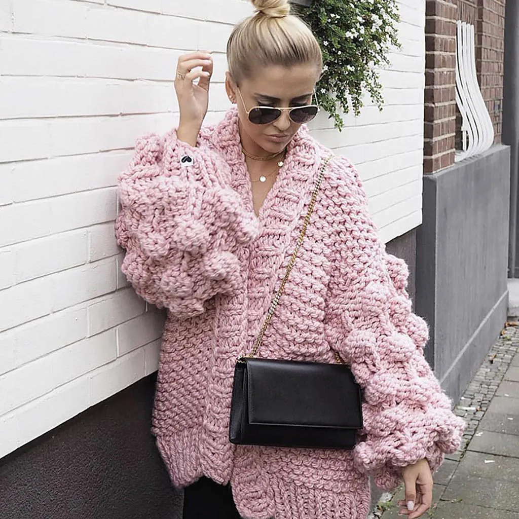 Зимний Теплый женский кардиган свитер с стереоскопическим мячом и