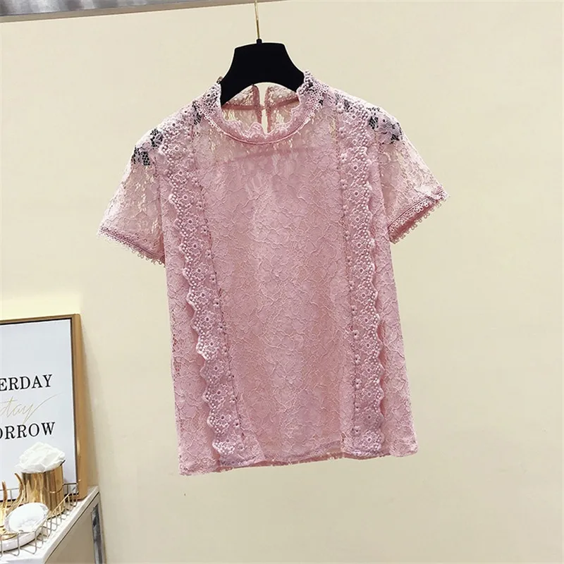 

Женский кружевной пуловер с коротким рукавом, черный/белый/розовый шифоновый топ с вырезами, размеры 2XL, на лето, 2021