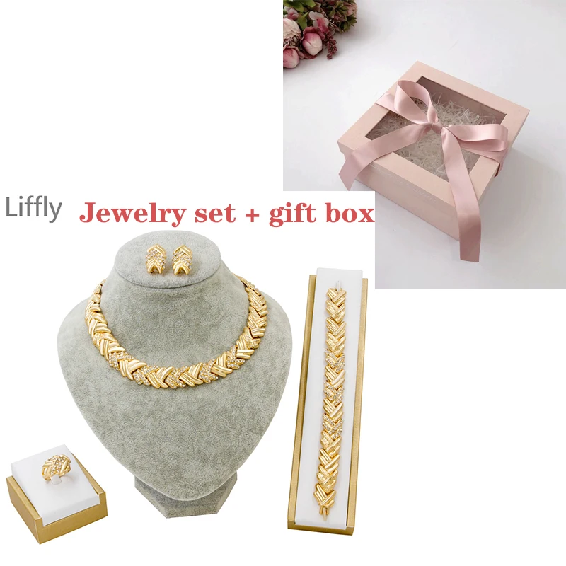Jewelry Sets and box Liffly свадебные Дубай наборы золотые ювелирные Кристалл Цепочки и ожерелья браслет в нигерийском стиле Свадебная вечеринка Для женщин Модные украшения комплект - Окраска металла: Jewelry Sets and box