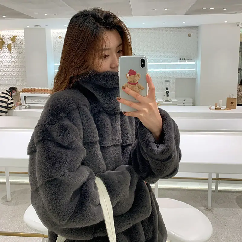 2021 Women Thick Fur Jacket Female Zipper Stand-Up Collar Fur Coat High Quality Casual Plus Size Solid Color Ladies Plush Coats