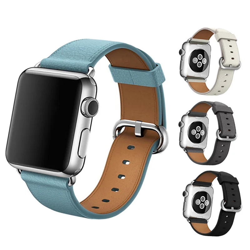 Ремешок Lychee из натуральной кожи для Apple Watch band 4 5 44/40/42/38 мм мужской/женский браслет