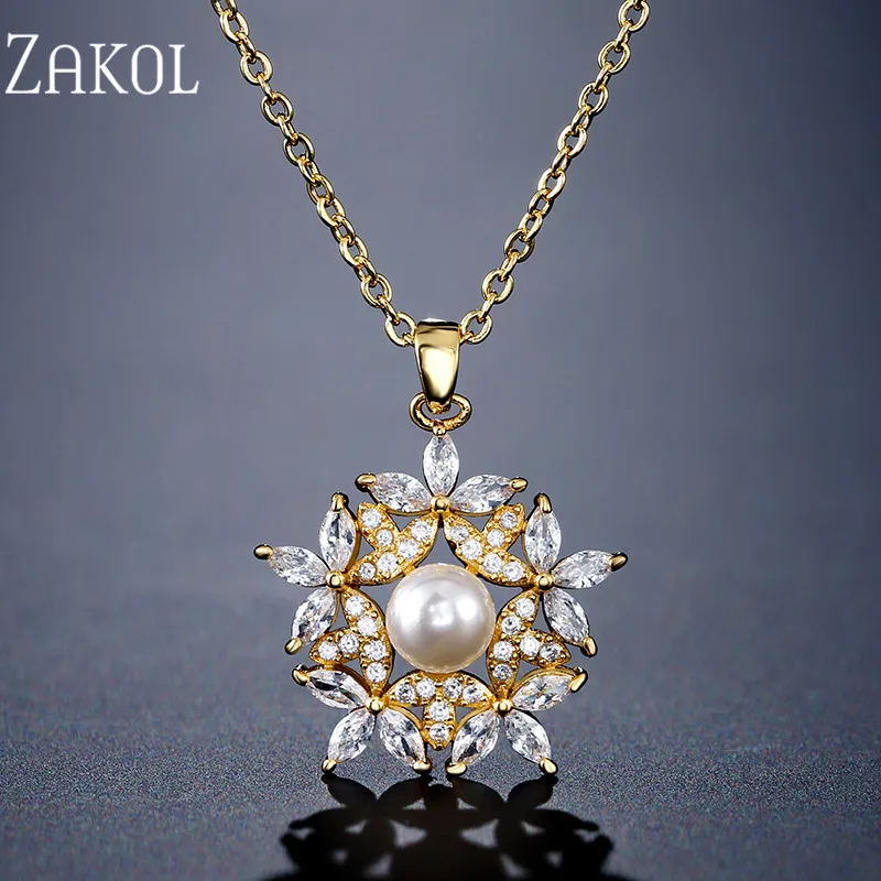 Винтажный кулон ZAKOL с искусственным жемчугом и фианитом модный для женщин