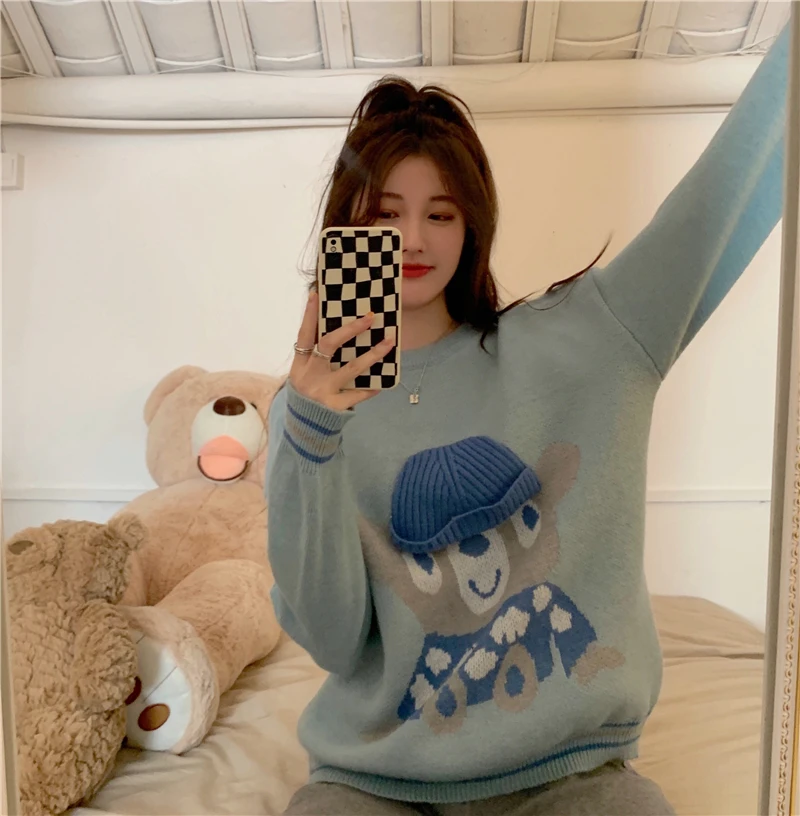 

Kawaii Bear Autumn Knitted Sweater Women Sweet Cartoon Jumpers Loose Long Sleeve Korean Pullovers Winter Streetwear 2021