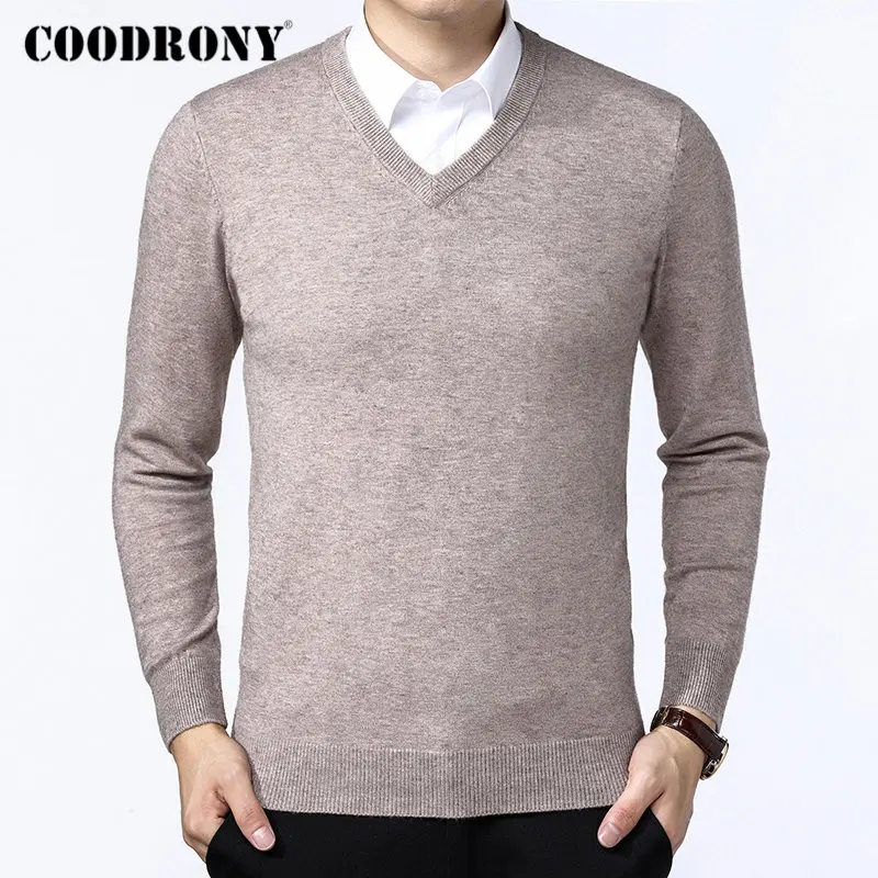 Бренд COODRONY, мужской свитер, Осень-зима, толстый, теплый, для мужчин, Классический Повседневный пуловер с v-образным вырезом, мужской кашемировый шерстяной трикотаж 91110 - Цвет: Хаки