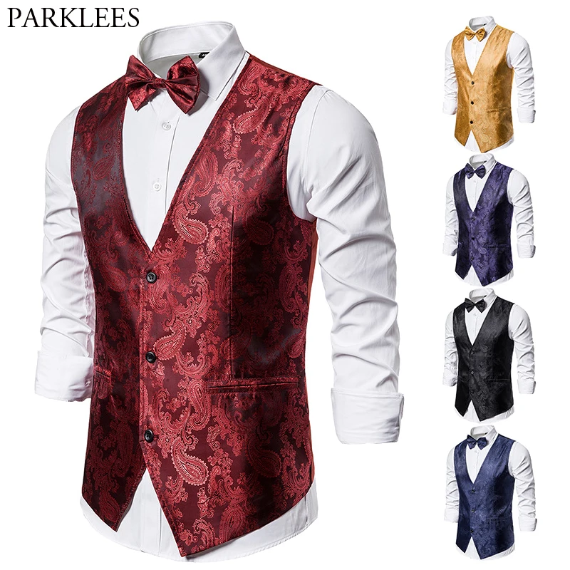 

Mens Classic Paisley Jacquard Vests(Suit Vest+Bow Tie)2 Pieces Men Slim Fit Colete Waistcoat Gilet Party Wedding Chalecos Hombre