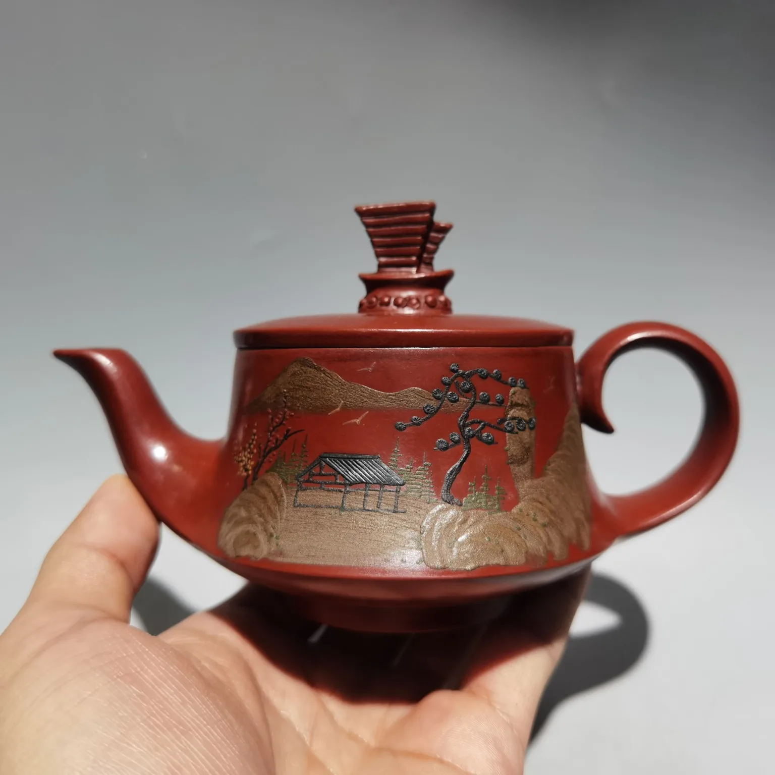 

6"Chinese Yixing Zisha Pottery Hand-Carved Overnight at Shan Temple Smooth sailing kettle Raw ore red mud Teapot Pot Tea Maker