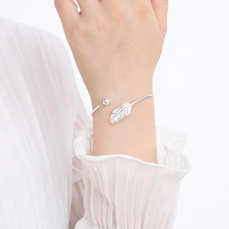 

925 Silver Bracelet Personalized Bracelets For Women Adjustable Jewelry Feather Ball Literary Niche Design Simple Open Bracelet