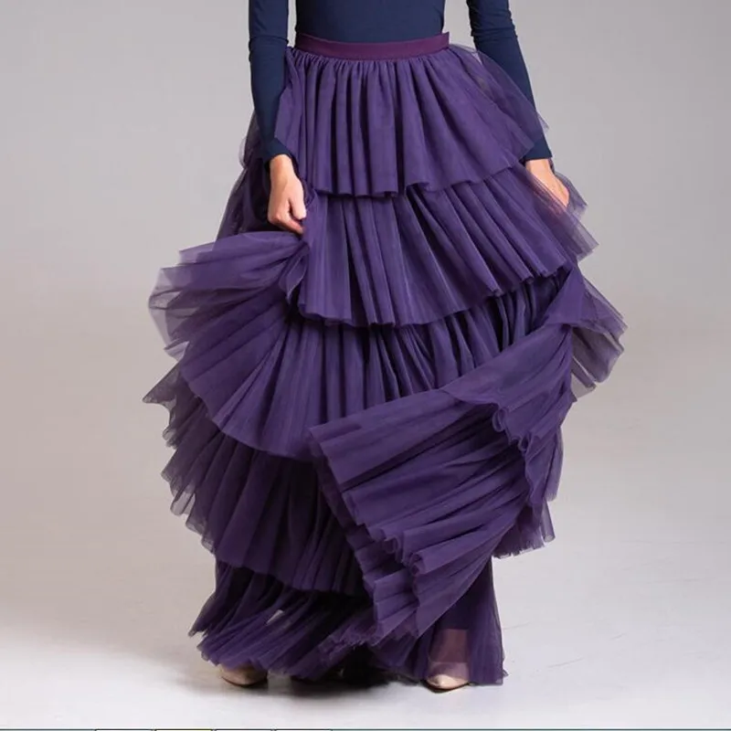 

High Street Purple Tiered Puffy Tulle Skirts Women Floor Length Fashion Ruffle Tutu Long Skirt Zipper Saias Faldas Custom Made