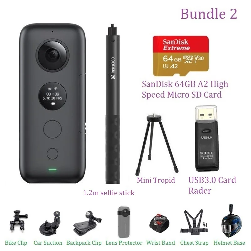 Bundle 2 Insta360 ONE X Экшн-камера VR 360 панорамная камера для IPhone и Android 5,7 K видео с венчурным чехол с батареей - Цветной: Bundle 2
