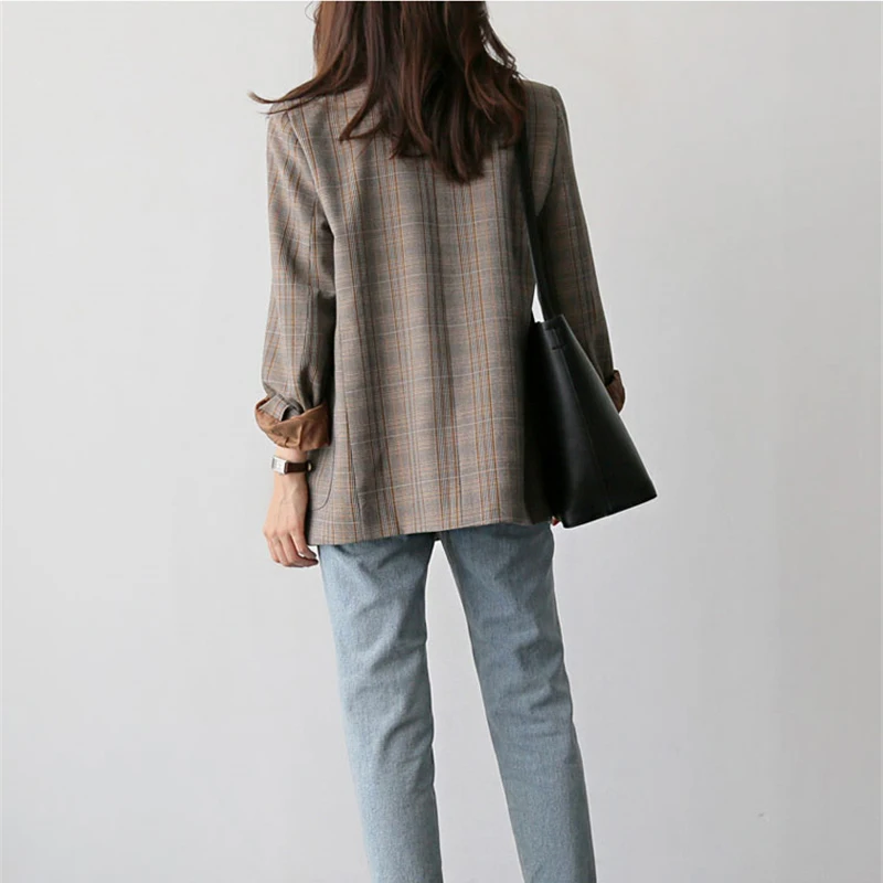 

Mazefeng Vintage Notch-collar Double Breasted Plaid Blazer Women Full Sleeve Loose Female Grid Suit Coat Autumn Women Jackets