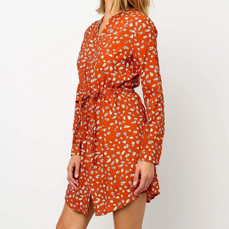 

YOSICIL Floral Print Casual Shirt Dress Women Long Sleeve Office Dresses 2021 Spring V Button Elastic Waist Dress