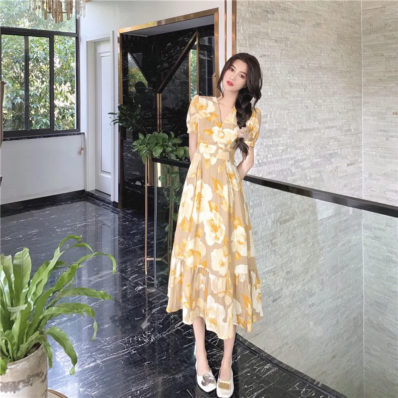 

Chiffon Floral Dress Women 2021 Summer New Hepburn Style Elegant A-line High Waist Slim Long Dresses Female JD1303