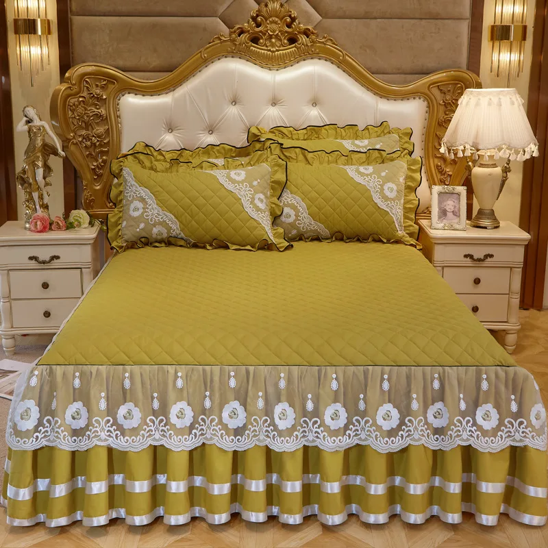 

New Fashion Home Textiles Luxury Bed Skirt Cotton Bed Spread Embroidery 45cm Height Lace Queen Size Bed Sheets Set