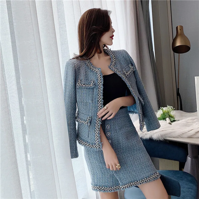 Женский твидовый офисный костюм двойка дизайнерский подиумный пиджак с бахромой