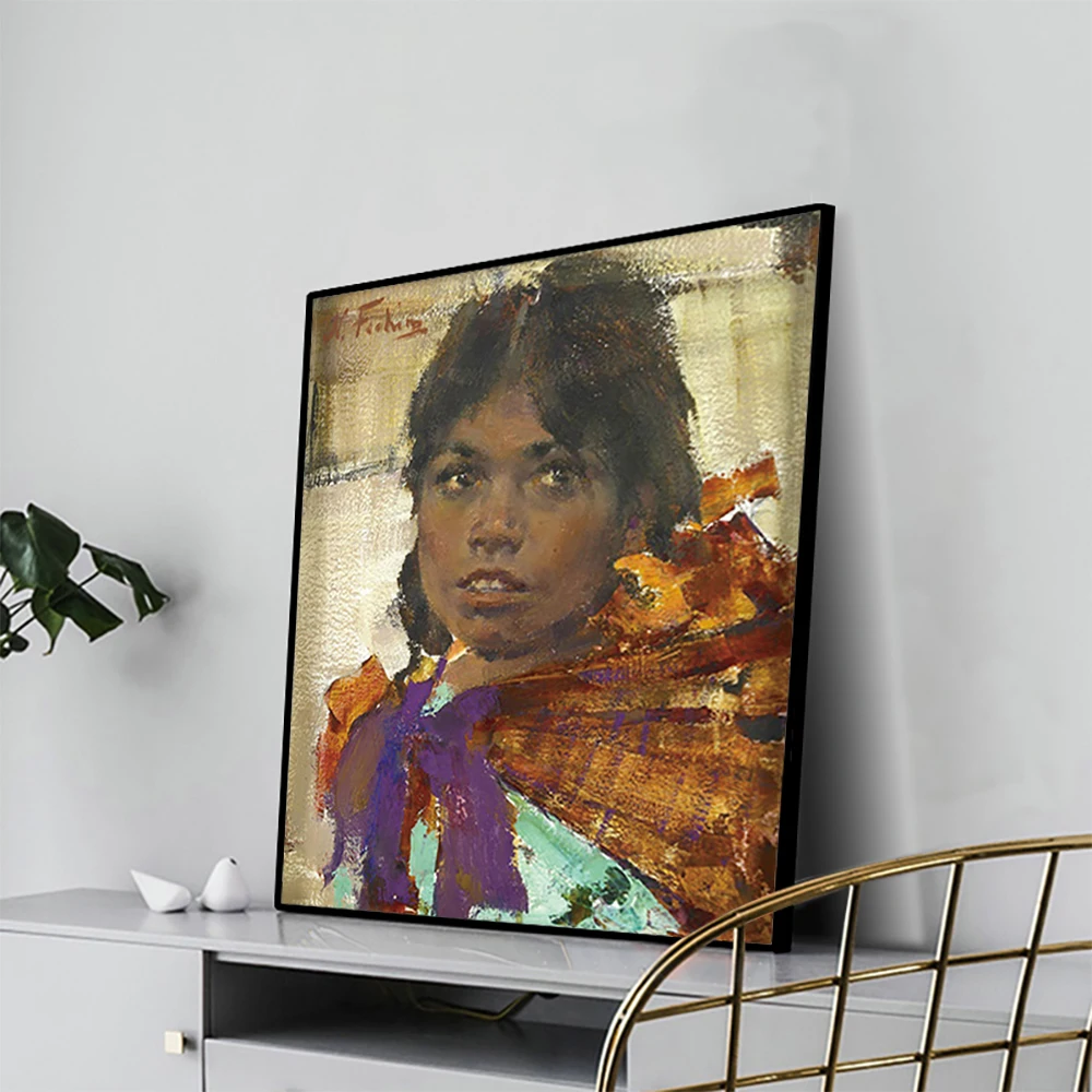 Картина маслом на холсте Cassisy Nicolai Fechin "Девушка с темной кожей" художественный постер для декора дома, гостиной, офиса.