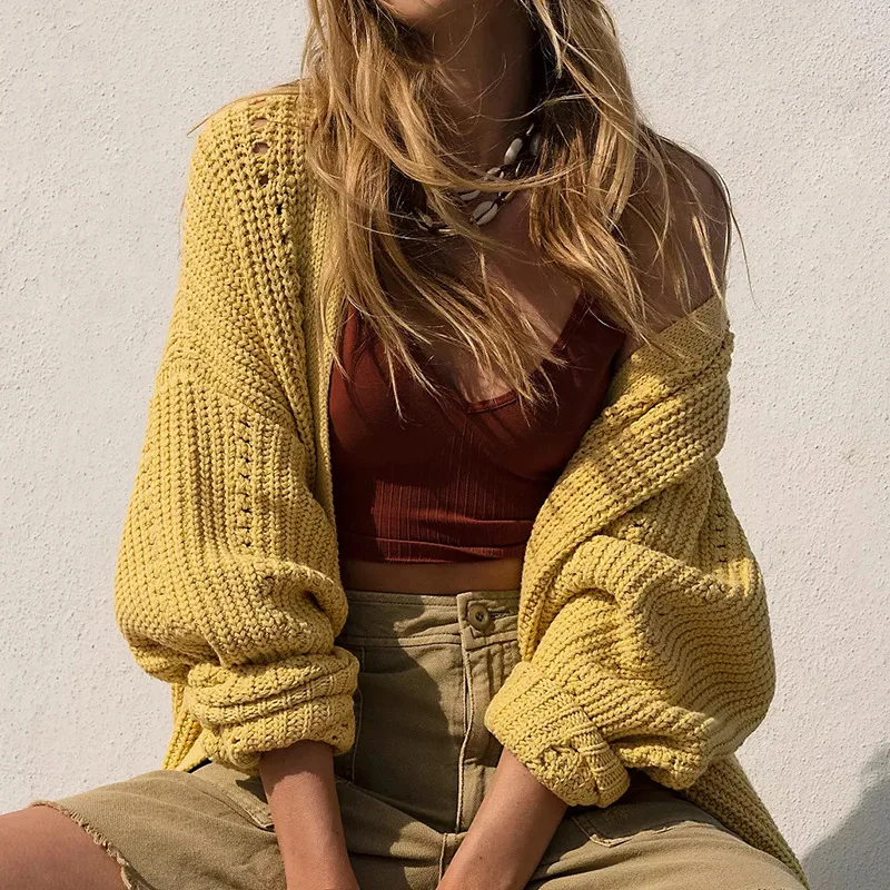 Женский вязаный свитер средней длины однотонный Свободный кардиган с длинным