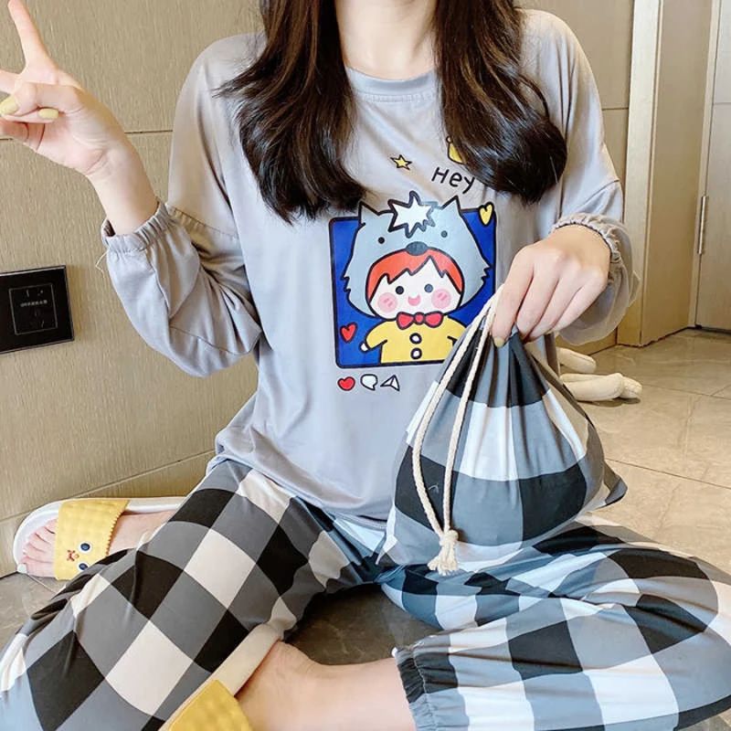 

SLPBELY New Style Kawaii Cute Cartoon Animal Printed Lovely Women's Pajamas Loose Autumn&Winter Female Women's Home Clothes