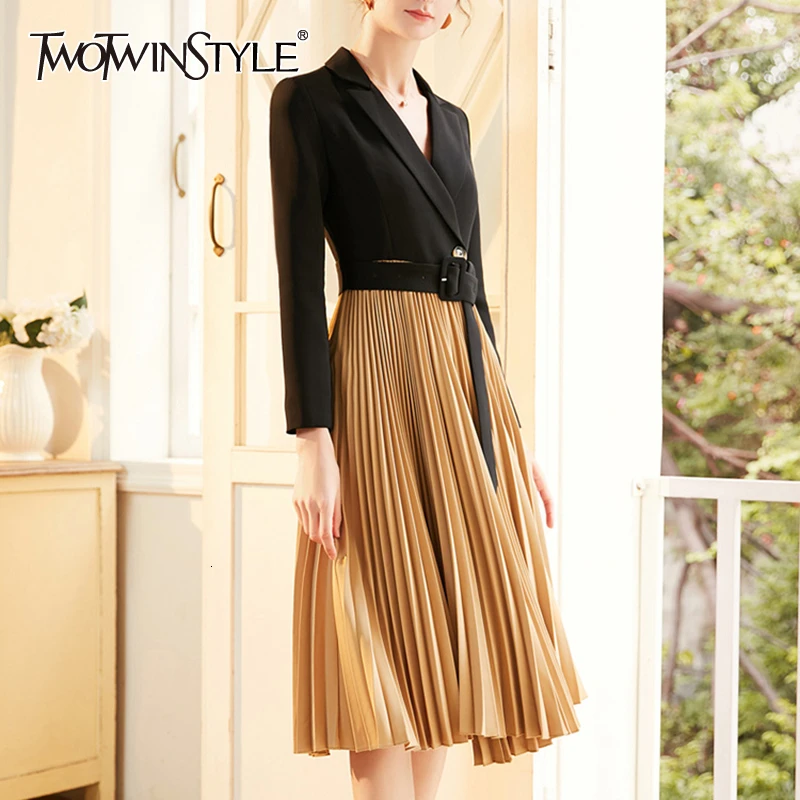 TWOTWINSTYLE элегантные лоскутные плиссированные платья для женщин воротник с