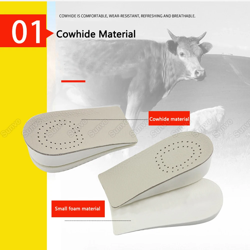 Sunvo Invisible Height Increased Insoles for Men Elevator Shoes Inserts Half Breathable Leather Heightening Insole Lift Heel Pad