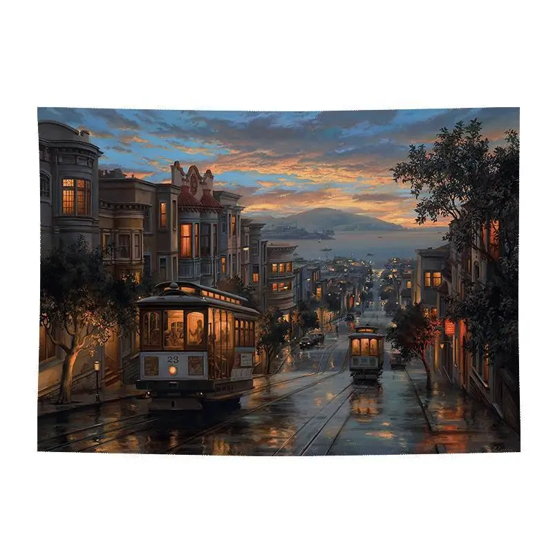 

Ins style background Bueu-style French street city tram hand-painted oil painting room dormitory decorative wall cloth