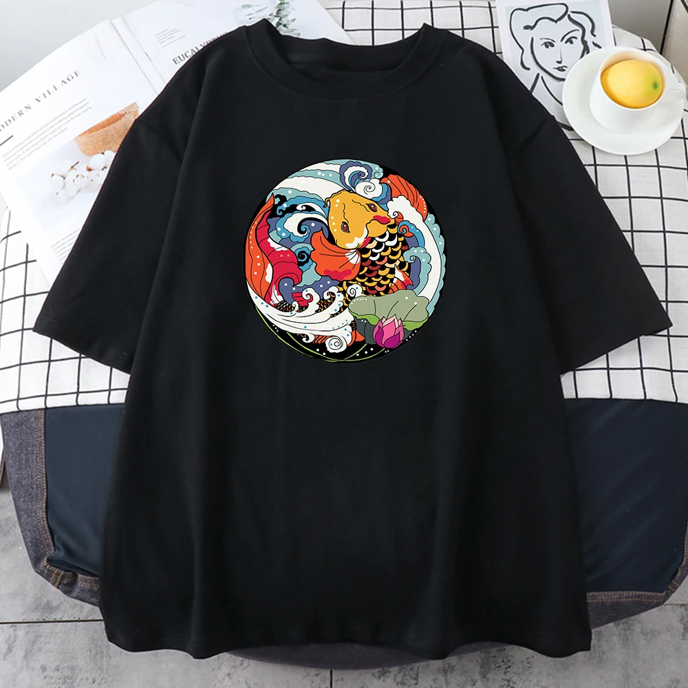 

100% Cotton Koi Fish Prints T-Shirts Mens Harajuku Loose Shirts Hip Hop Sweat Clothing Vintage Oversized Sweatshirts Cartoons