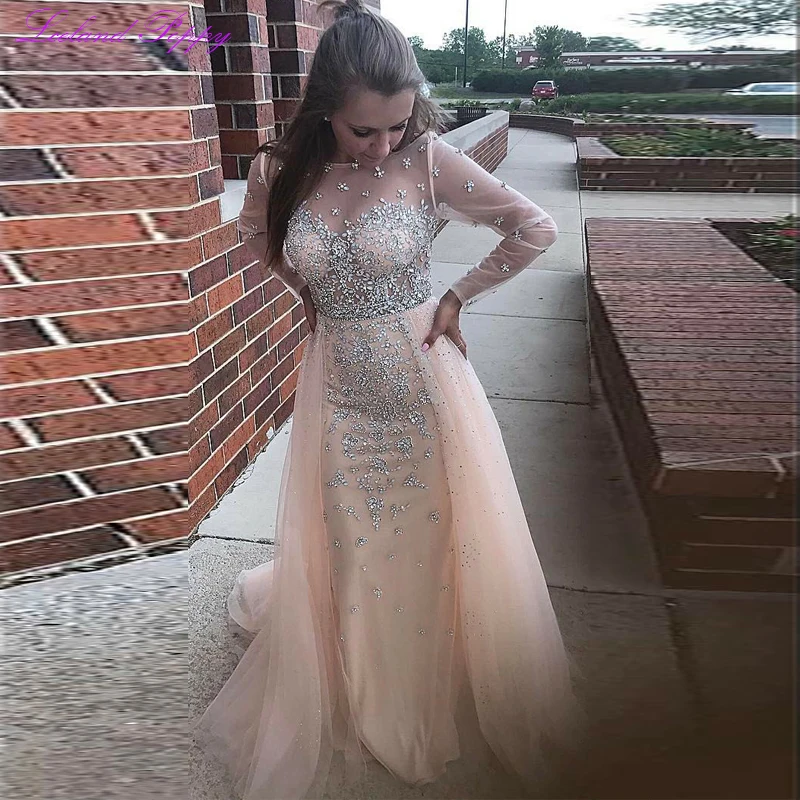 

Luxury Women's Crystal Beaded Scoop Neck Mermaid Evening Dresses Long Sleeves Floor Length Illusion Shiny Formal Evening Gowns