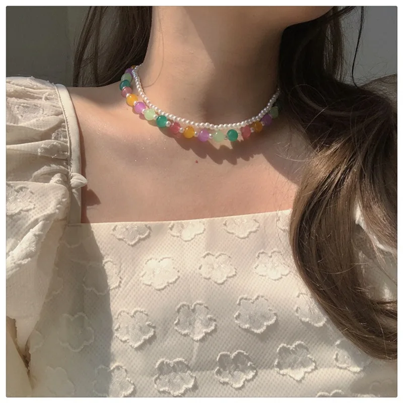 

Multicolor Beaded Y2K Necklace Design Retro Double Pearl Acrylic Glass Necklace Korean Fashion Elegant Jewelry Bohemian Party