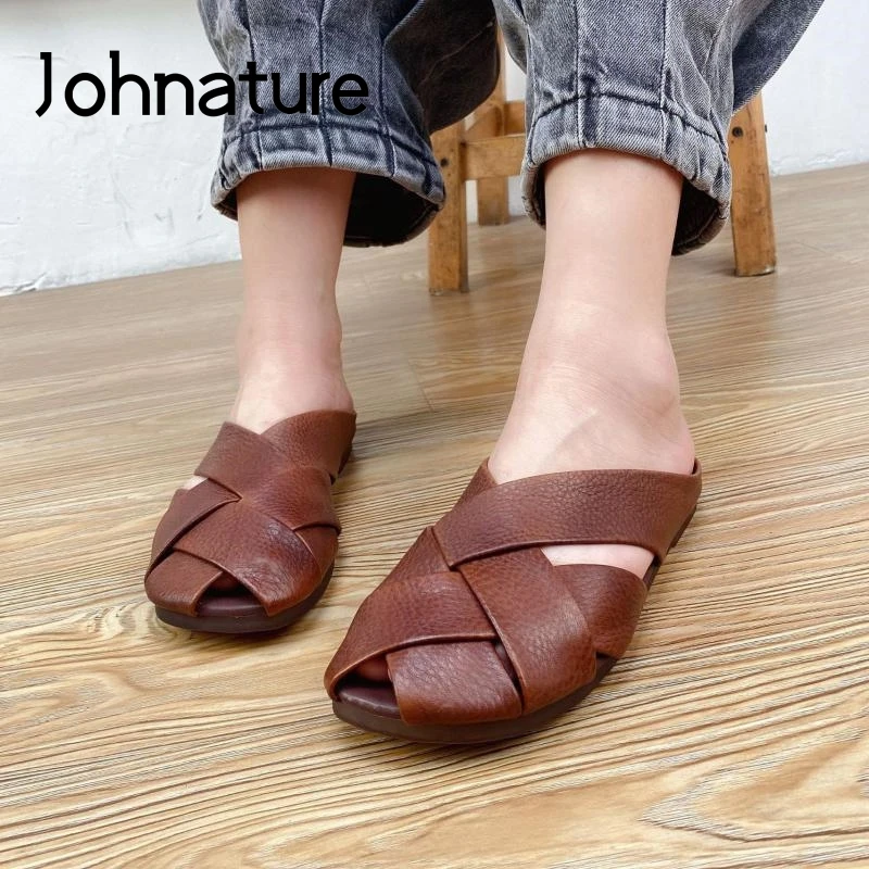 

Johnature Shoes Women Slippers Genuine Leather Summer 2022 New Outside Slides Flat With Leisure Handmade Concise Ladies Slippers