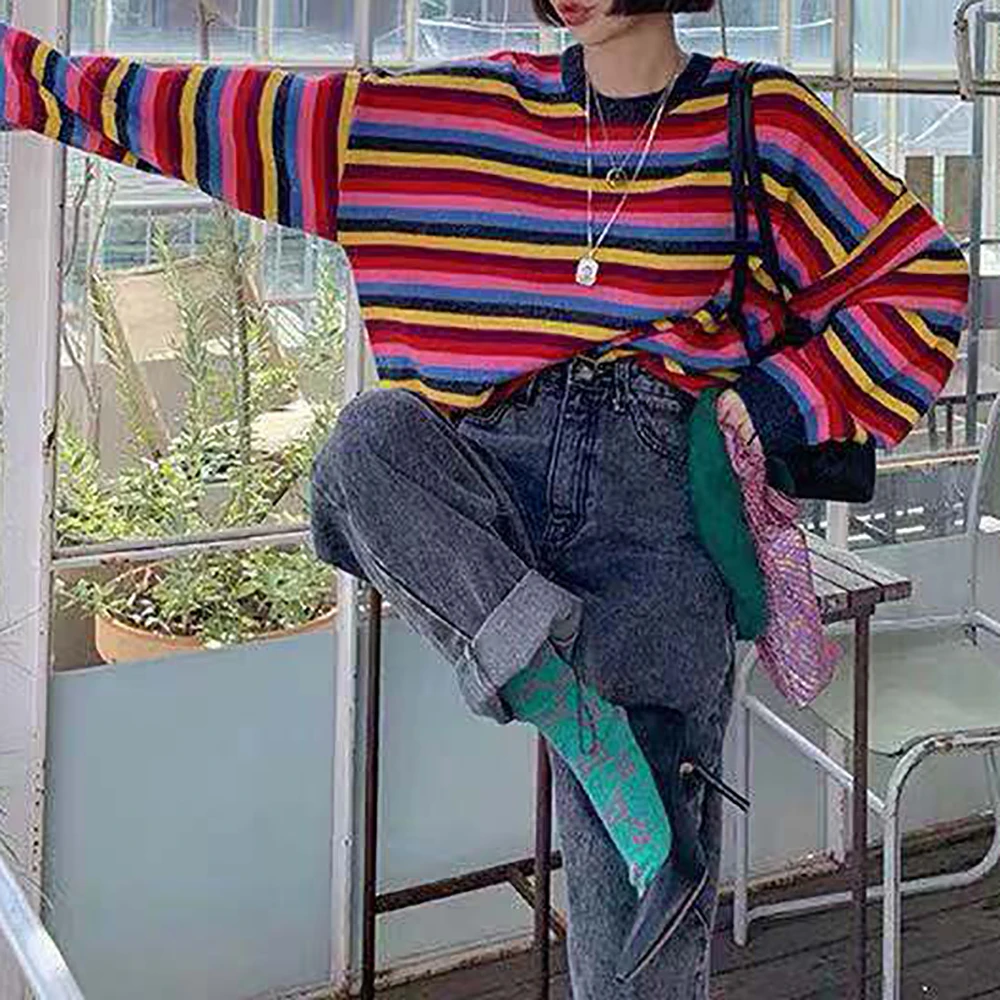 Радужный Модный женский свитер 2019 осень зима новый вязаный с круглым вырезом