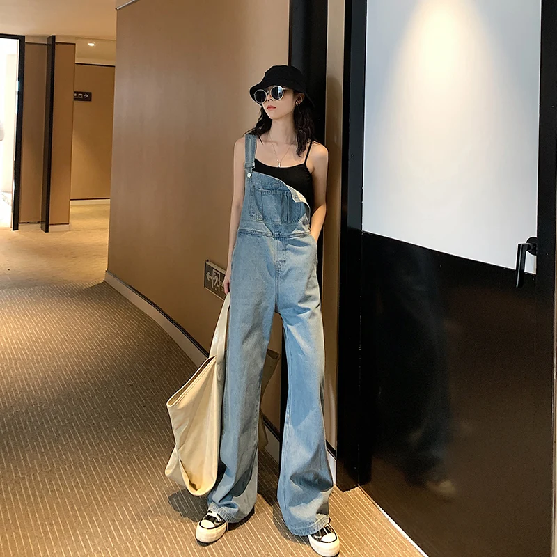 

High Quality Korean Plus Size Overalls Loose Cotton Denim Winter Spring Cargo Pants Baggy Wide Leg Jeans