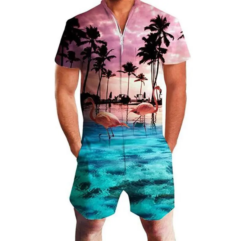 beach New Mens Rompers 90s Jazz Solo 3D Paper Cup Printed Jumpsuit Harem Cargo Overalls Summer Hip-Hop Casual Bibs Pants Dropship - Цвет: beach