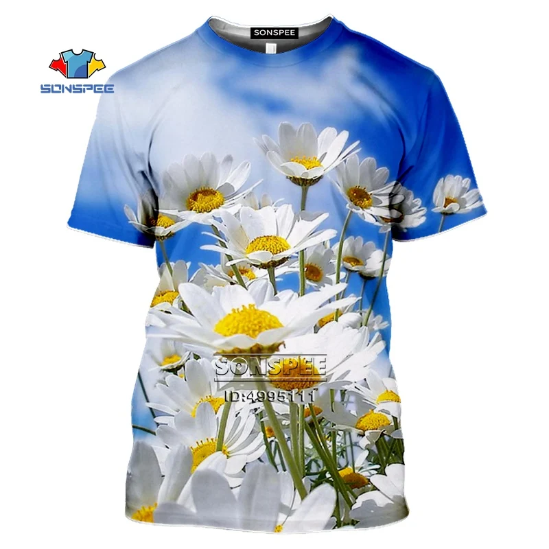 

SONSPEE Hot Beauty White Flowers Daisy Men's T-shirt 3D Print Summer Casual Short Sleeve Women Yellow Florals Fitness Tee Tops