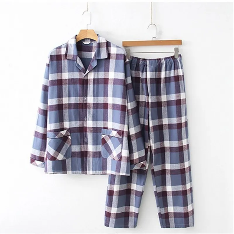 2019 Autumn Male pijamas Men Casual Plaid Pajamas sets Turn-down Collar shirt &amp pants 100% Thick Polish Cotton sleepwear suit | Мужская