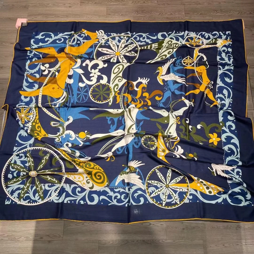 

70% Cashmere 30% Silk Scarf Women Fashion Double-sided Horse Carriage Shawl Stole Hijab Winter Big Kerchief 135*135cm