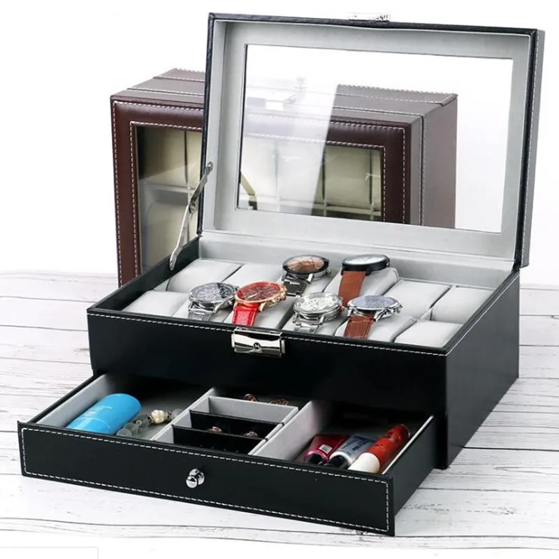 

PU Leather 12 Grids Double Layer Watch Box Organizer With Word Lock for Jewelry Ring Storage Display Watch Case Boxes