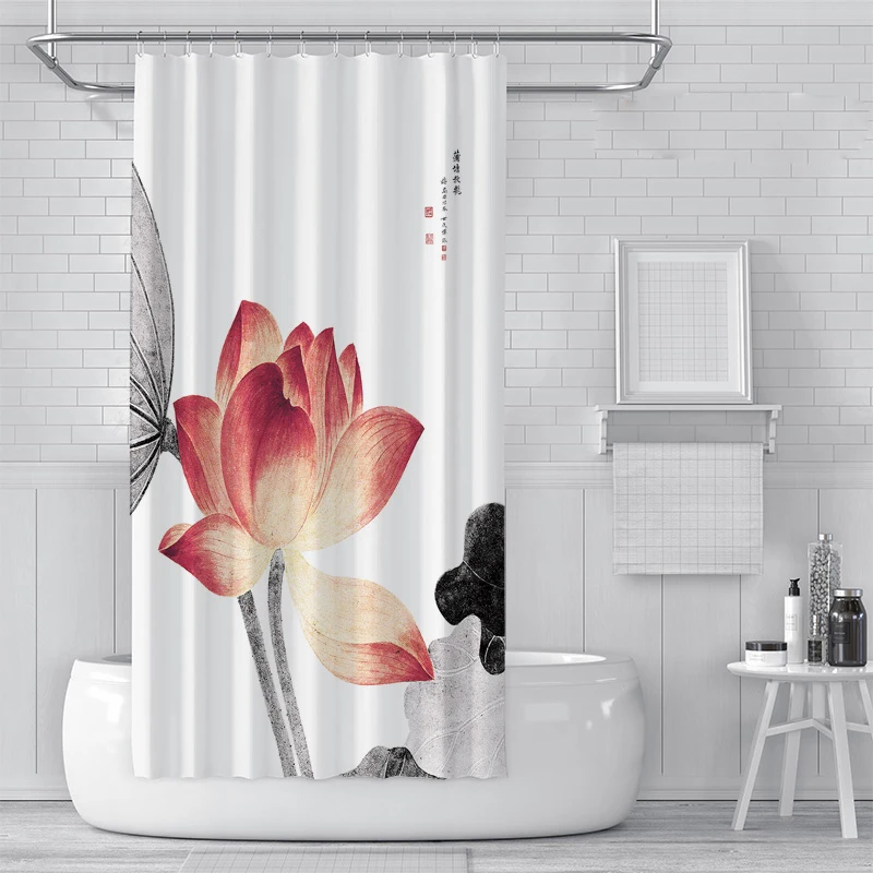 

Ink Painting Shower Curtain Red Lotus Ink Color Lotus Bath Curtain Waterproof Bathroom Curtain with Hooks 180x180cm