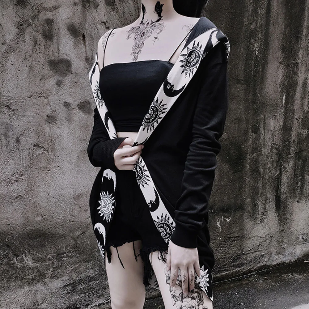 Женский длинный кардиган с принтом Луны и солнца свитер капюшоном топы