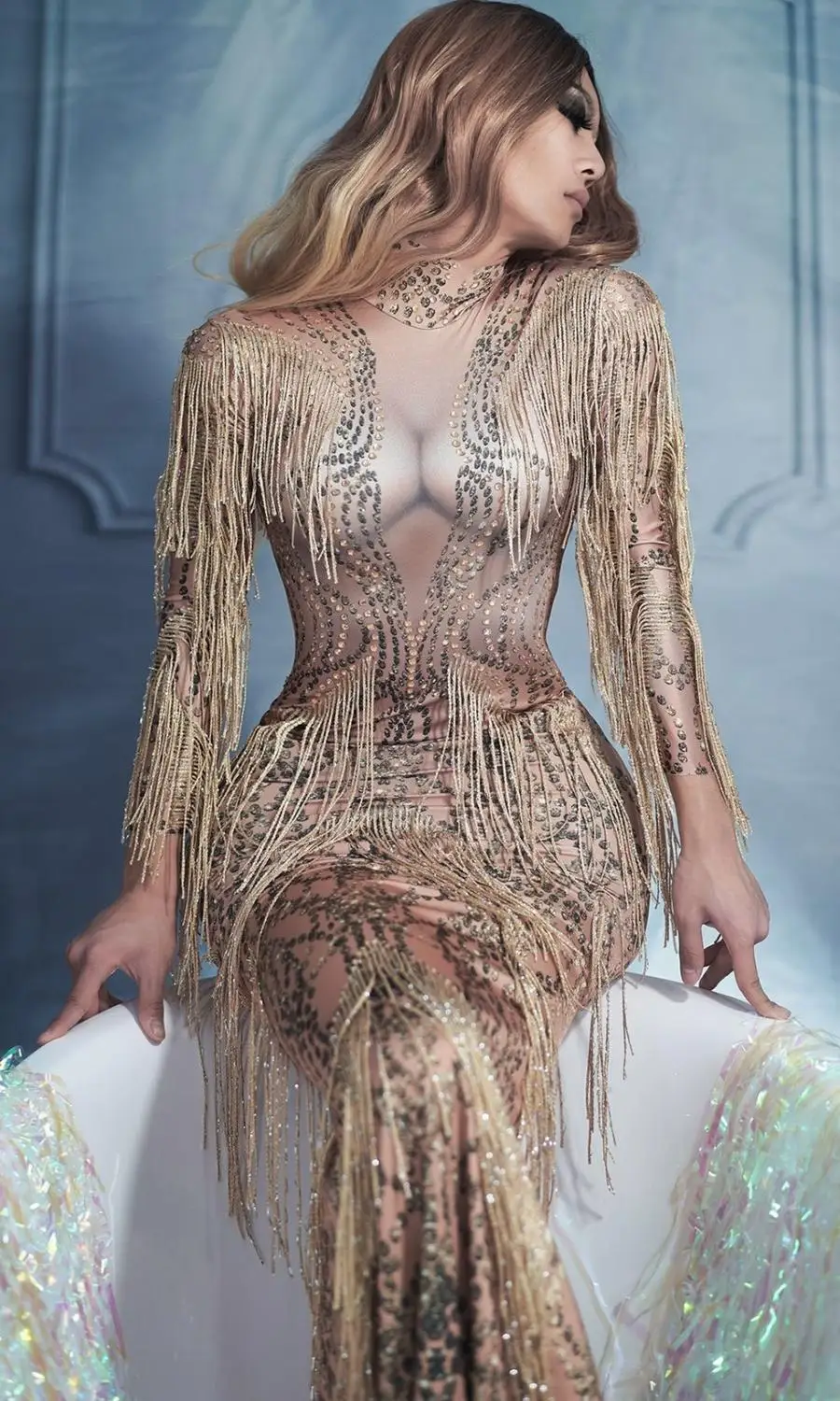 

Sexy Sparkling Dress 2021 Crystal Rhinestone Fringe Tassel Women Maxi Long Dress Birthday Celebrate Stage Performance Costume