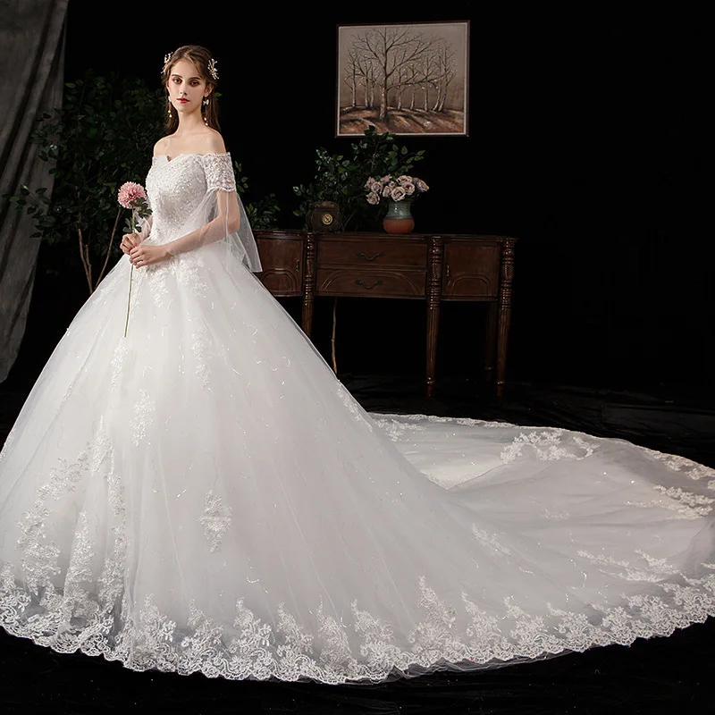 Bride Shoulder Large Size Lace Long Tailed Court Shiny mermaid boho Dress beach ball gown Wedding dresses floor length gowns | Свадьбы и