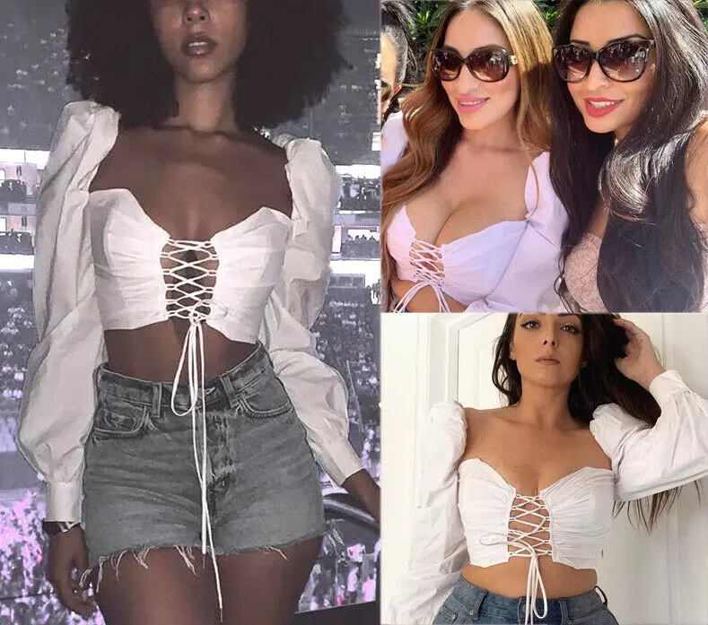 Women's Front Bandage Crop Top Summer Casual Solid Tops Long Sleeves Shirts | Дом и сад