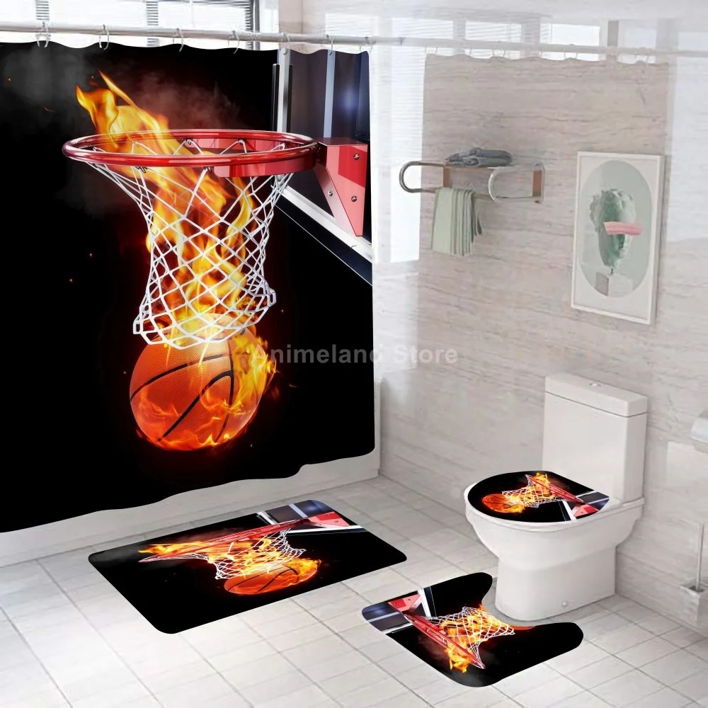 

Fire Basketball Shower Curtains Sports Fantasy Bathroom Curtain Bath Sets Toilet Cover Mat Non-Slip Washroom Rug Set 180x180cm