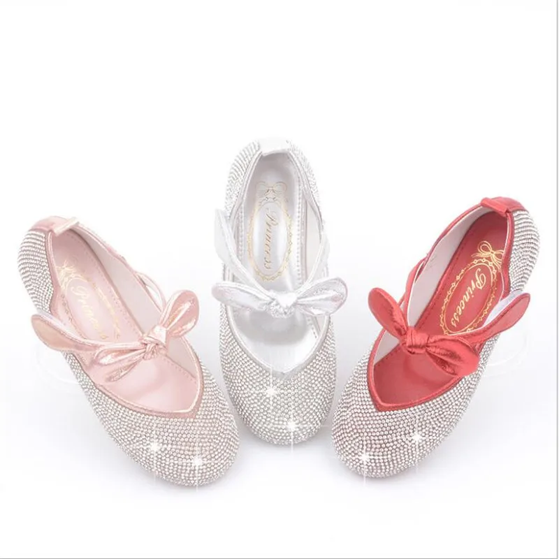 

2022 Cute Kids Girls Shoes Leather Shoes Princess Kids Shoes for Girls Casual Glitter Diamond Bow Children Loafers Shoes Girls
